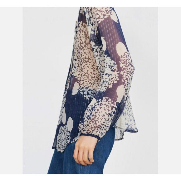 Zara Mulberry Silk Navy/Ecru Long Sleeve Blouse with Studs Women's Size Medium N - Picture 7 of 16